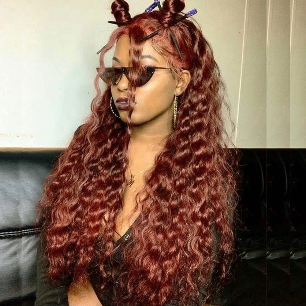Human hair blend red lace front curly wave wig